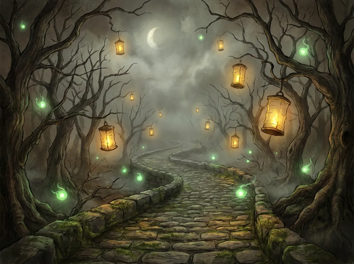 A lantern-lit stone path winding into a misty haunted forest, glowing will-o-the-wisps hovering above the trail