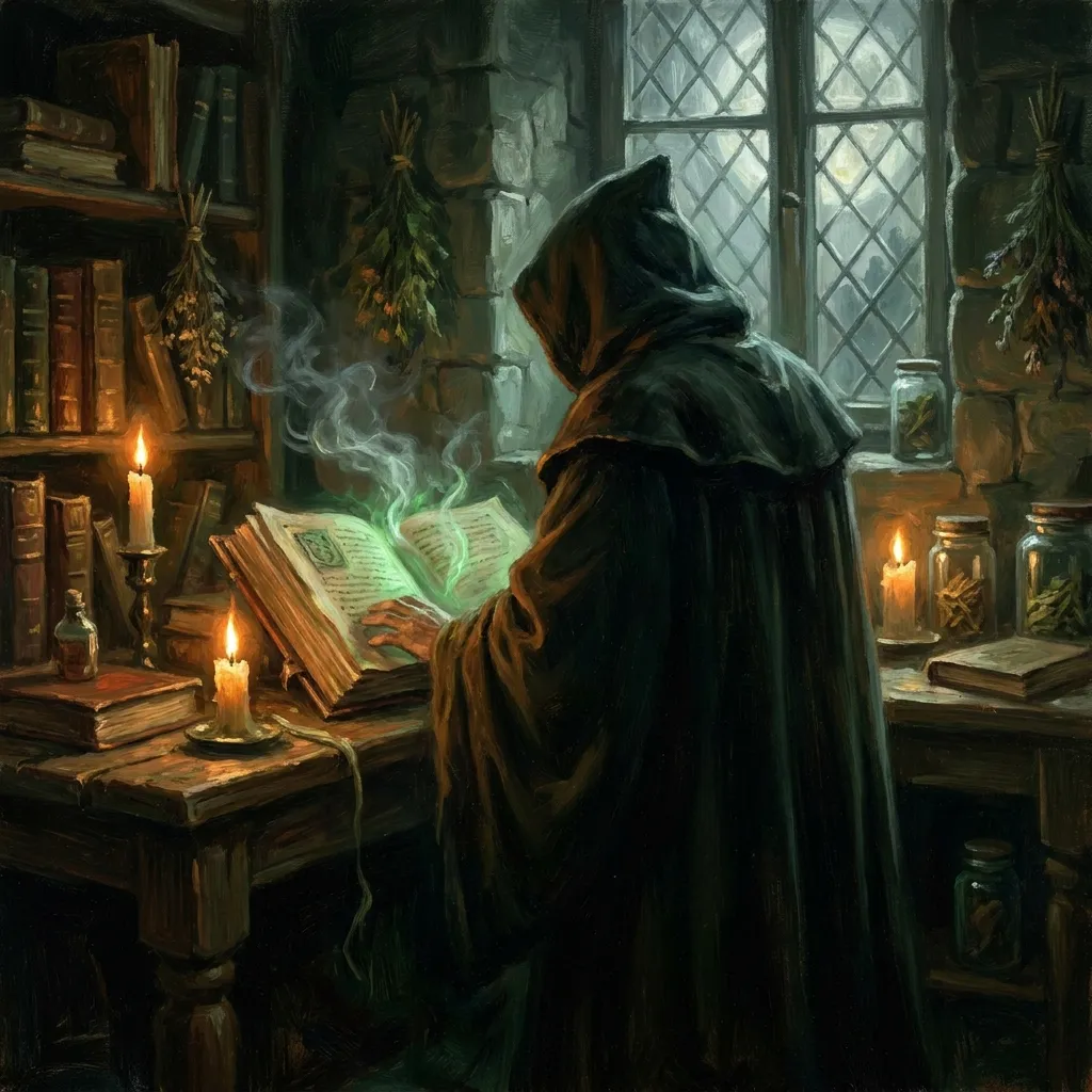 A hooded robed figure seen from behind, reading a glowing spellbook by candlelight