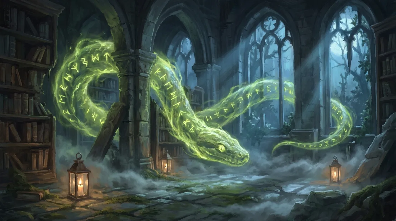 A colossal spectral serpent coiled through a candlelit ruined library, glowing runic code drifting in the air around it