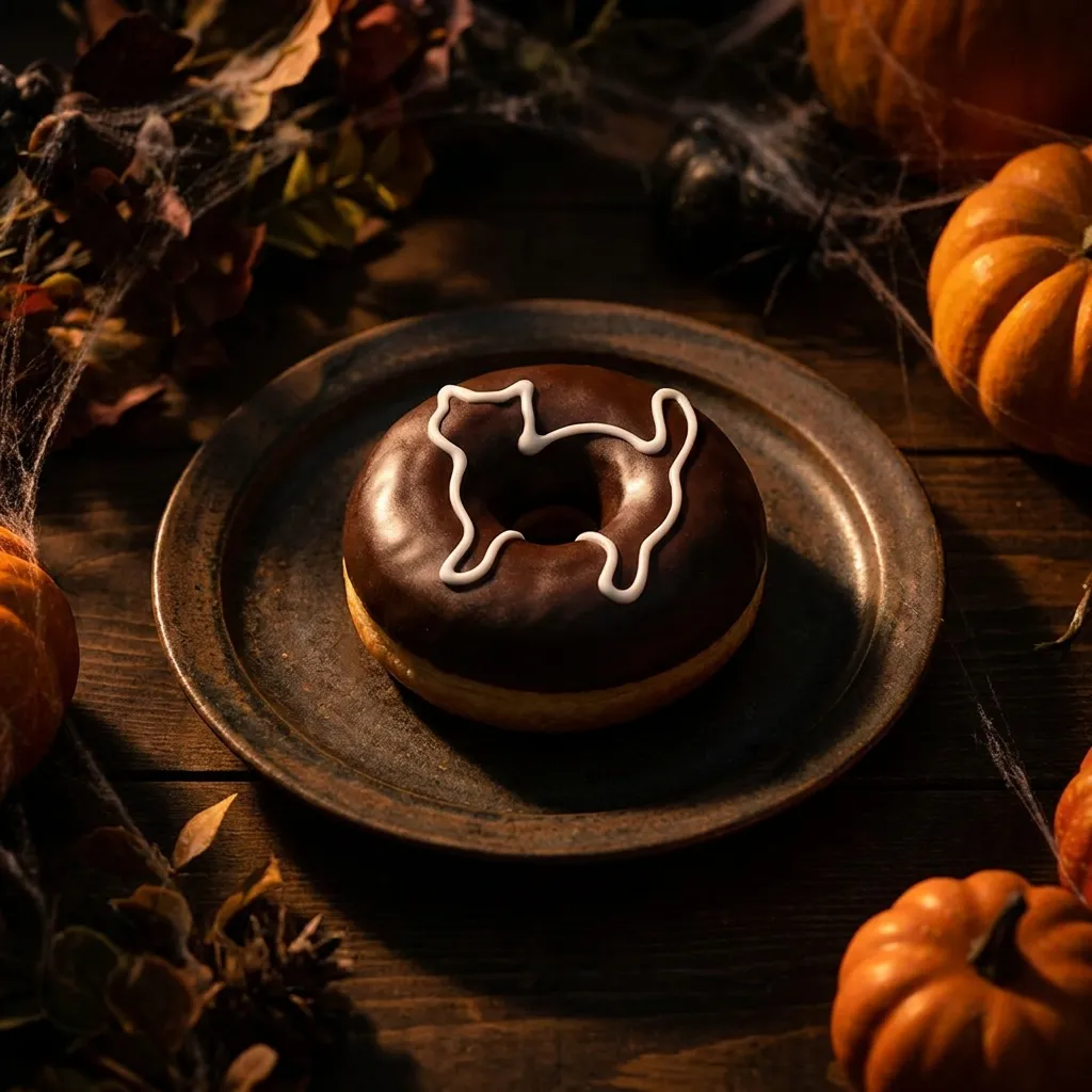 A donut with glossy black glaze decorated with a white icing cat silhouette