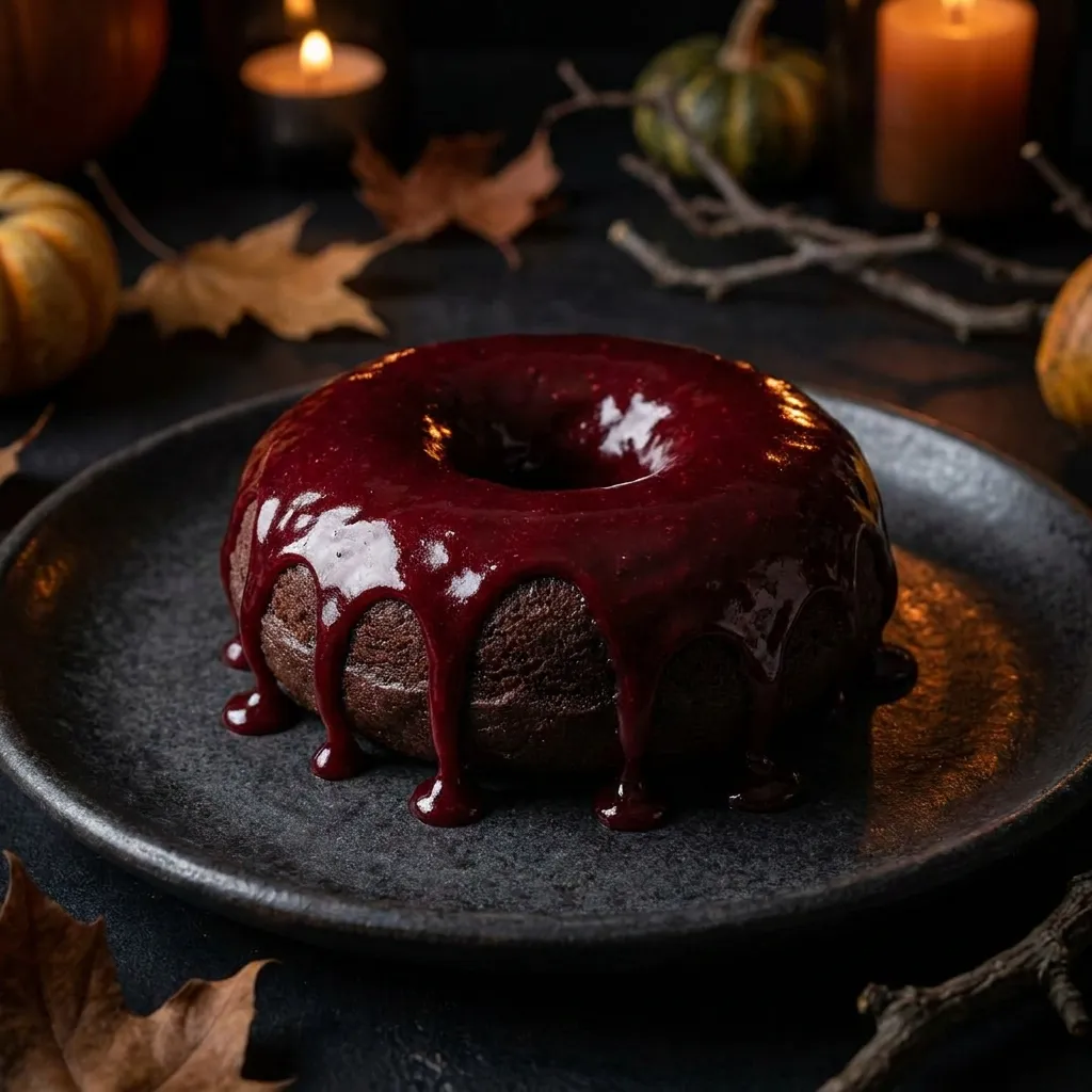A donut dripping with deep red blood-orange glaze on a dark plate
