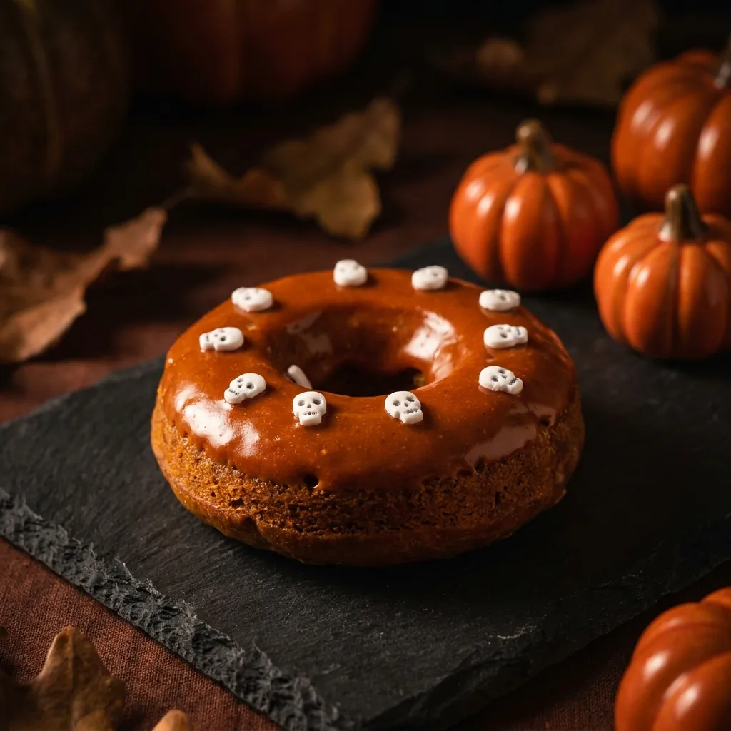 A pumpkin spice donut topped with orange glaze and tiny sugar-skull sprinkles