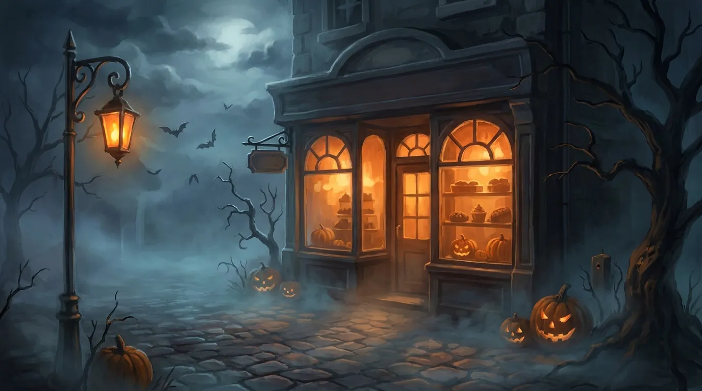 A small, dimly lit bakery storefront at night with a glowing orange window and wisps of fog on the street