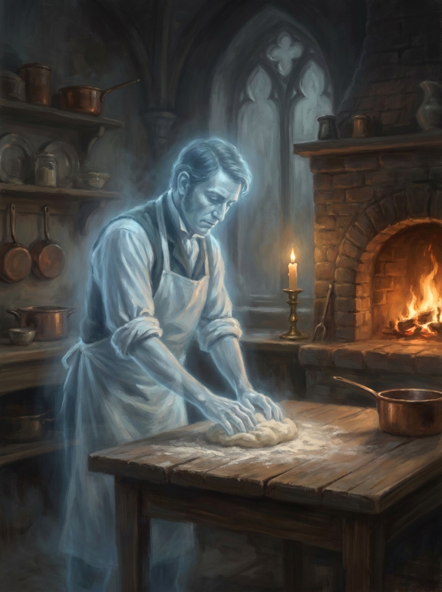 A translucent Victorian baker in an apron, glowing faintly, kneading dough beside a candlelit oven.