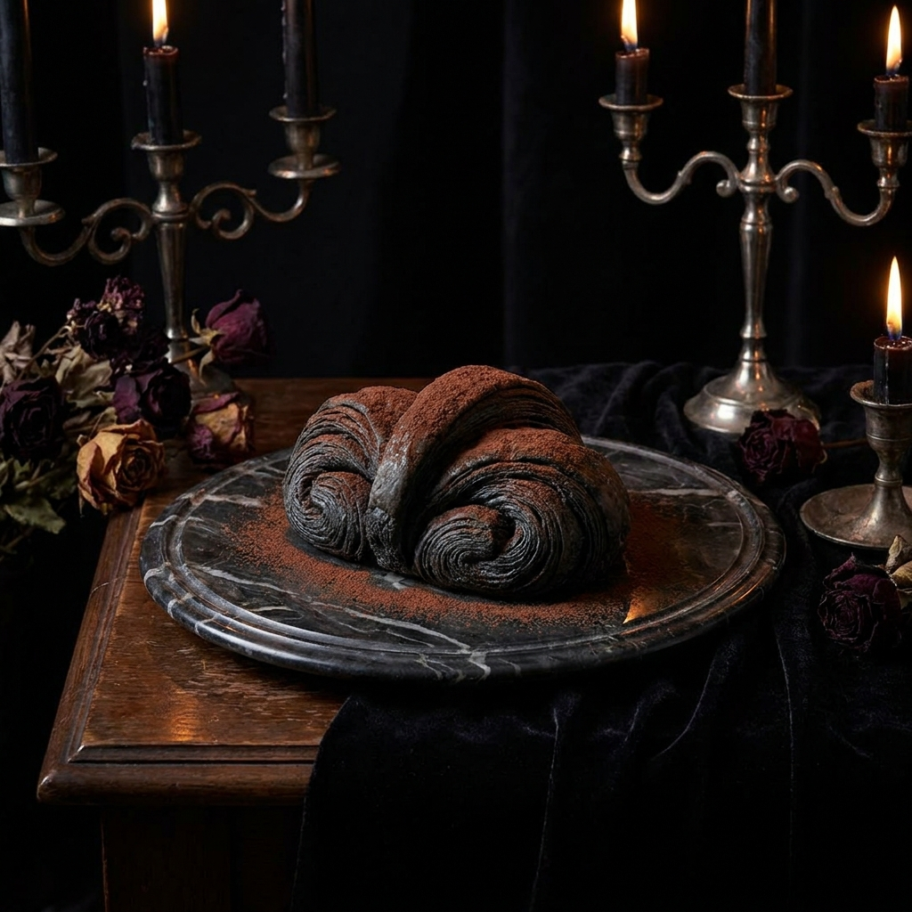 A dark, glossy croissant shaped like folded raven wings, dusted with black cocoa, on a marble plate.