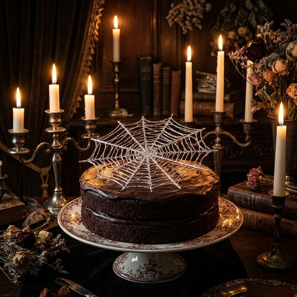 A round chocolate cake decorated with an intricate white spun-sugar spiderweb, lit by candlelight, Victorian style.